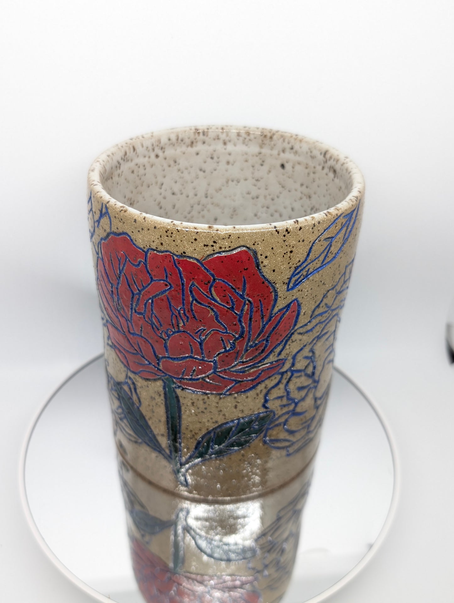 Hand carved floral vase or utensil holder