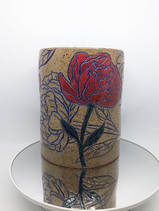 Hand carved floral vase or utensil holder